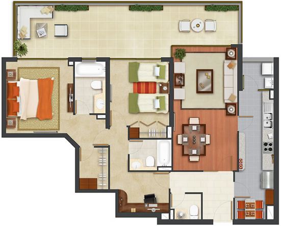 Piso moderno de diseño 3 dormitorios 2 baños completos 2907